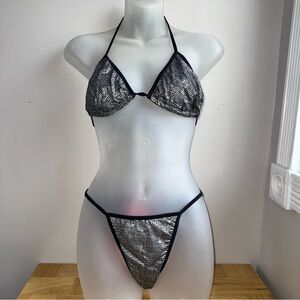 90's dead stock Sarah Good black/silver crocodile print full set bikini Sz M NWT